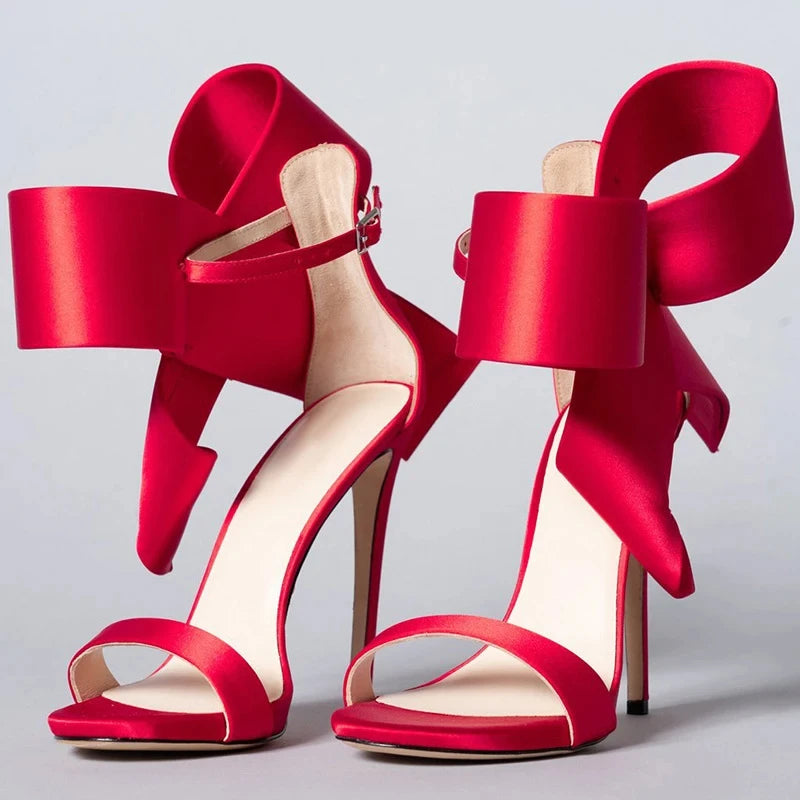 Satin Sandals Peep Toe High Heels Shoes Ladies Wedding Party Dress Heel Ankle Bow Decorated