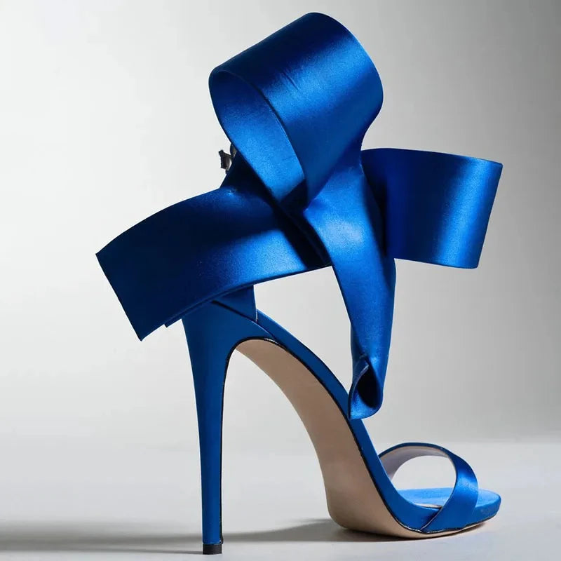 Satin Sandals Peep Toe High Heels Shoes Ladies Wedding Party Dress Heel Ankle Bow Decorated