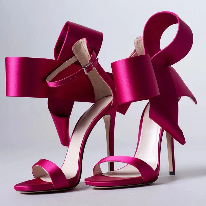 Satin Sandals Peep Toe High Heels Shoes Ladies Wedding Party Dress Heel Ankle Bow Decorated