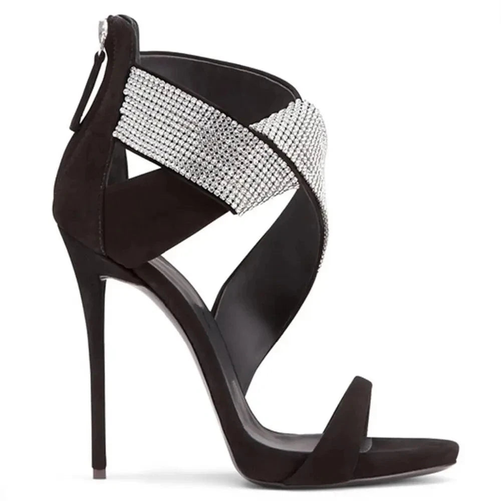 Sandals Peep Toe High Heels Crystal Strap Stilettos Zipper