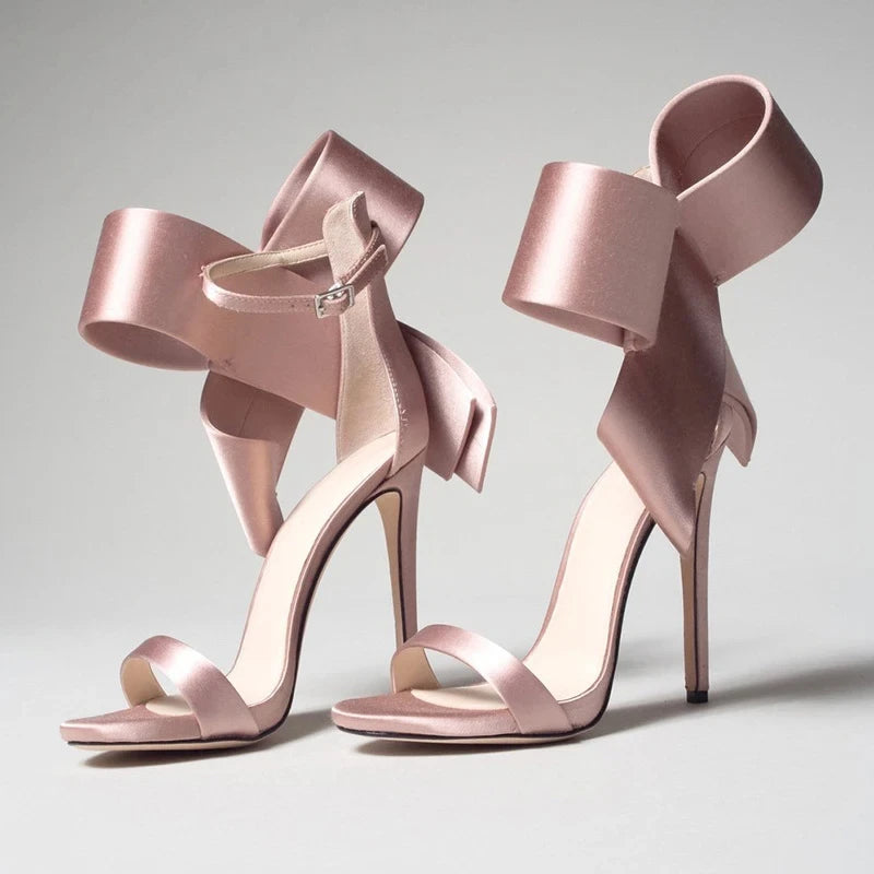 Satin Sandals Peep Toe High Heels Shoes Ladies Wedding Party Dress Heel Ankle Bow Decorated