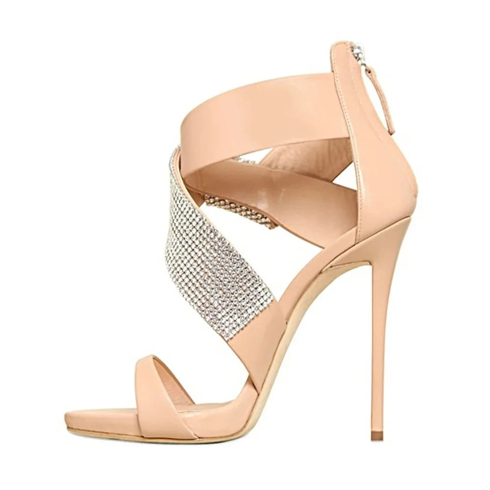 Sandals Peep Toe High Heels Crystal Strap Stilettos Zipper