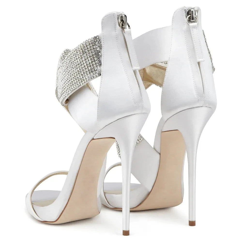Sandals Peep Toe High Heels Crystal Strap Stilettos Zipper