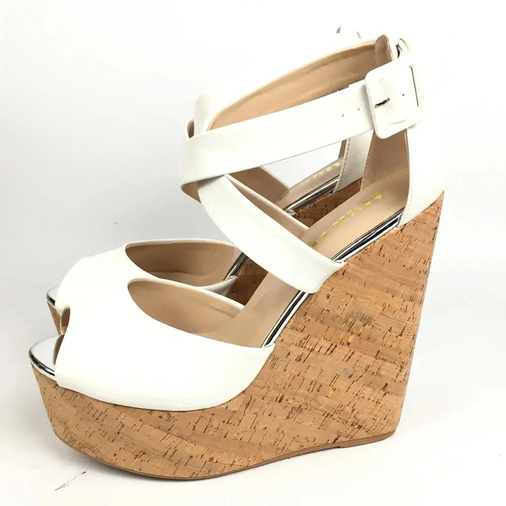 Cork Wedge Sandals High Heel Platform Shoes Cross Strap