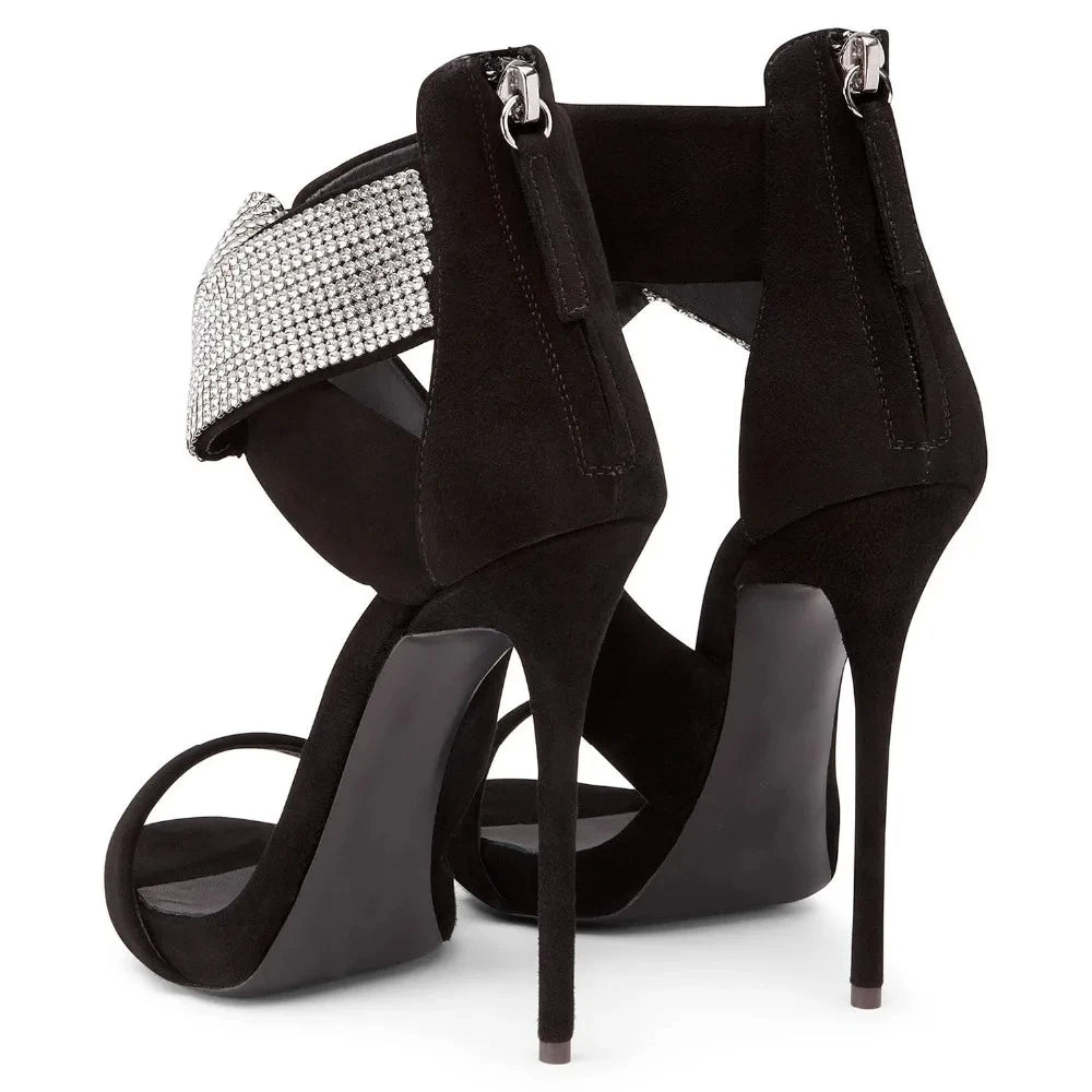 Sandals Peep Toe High Heels Crystal Strap Stilettos Zipper