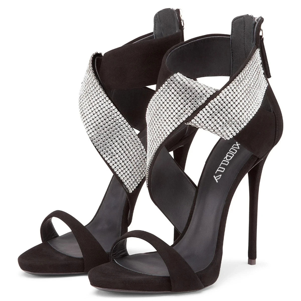 Sandals Peep Toe High Heels Crystal Strap Stilettos Zipper