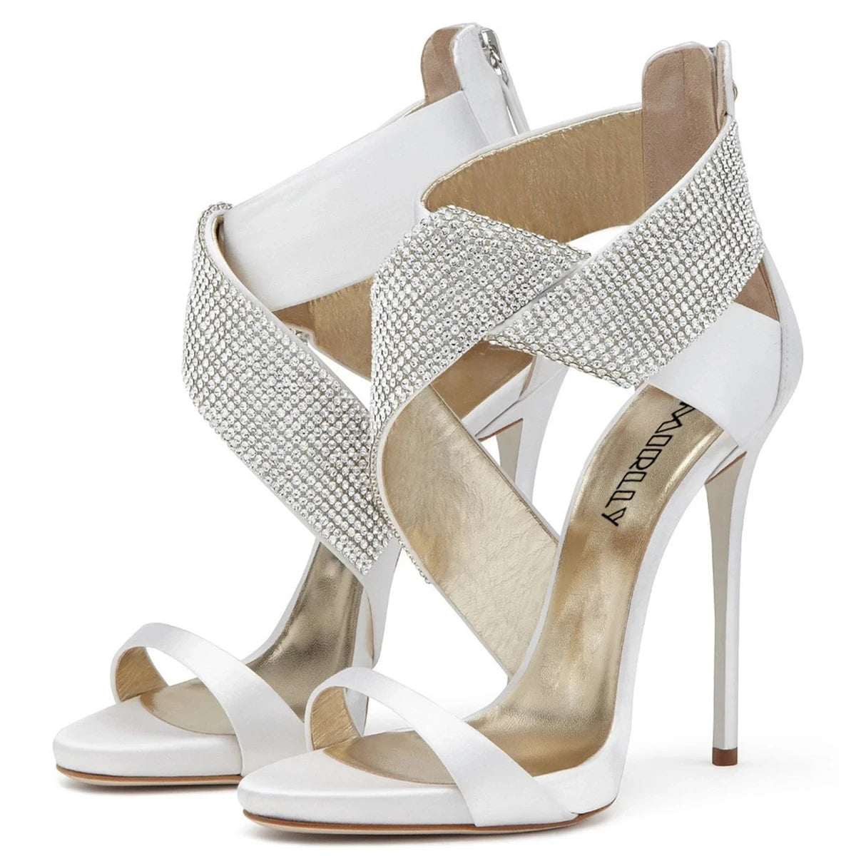 Sandals Peep Toe High Heels Crystal Strap Stilettos Zipper