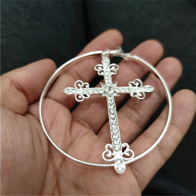 Big Hoop Cross Dangle Stud Earrings