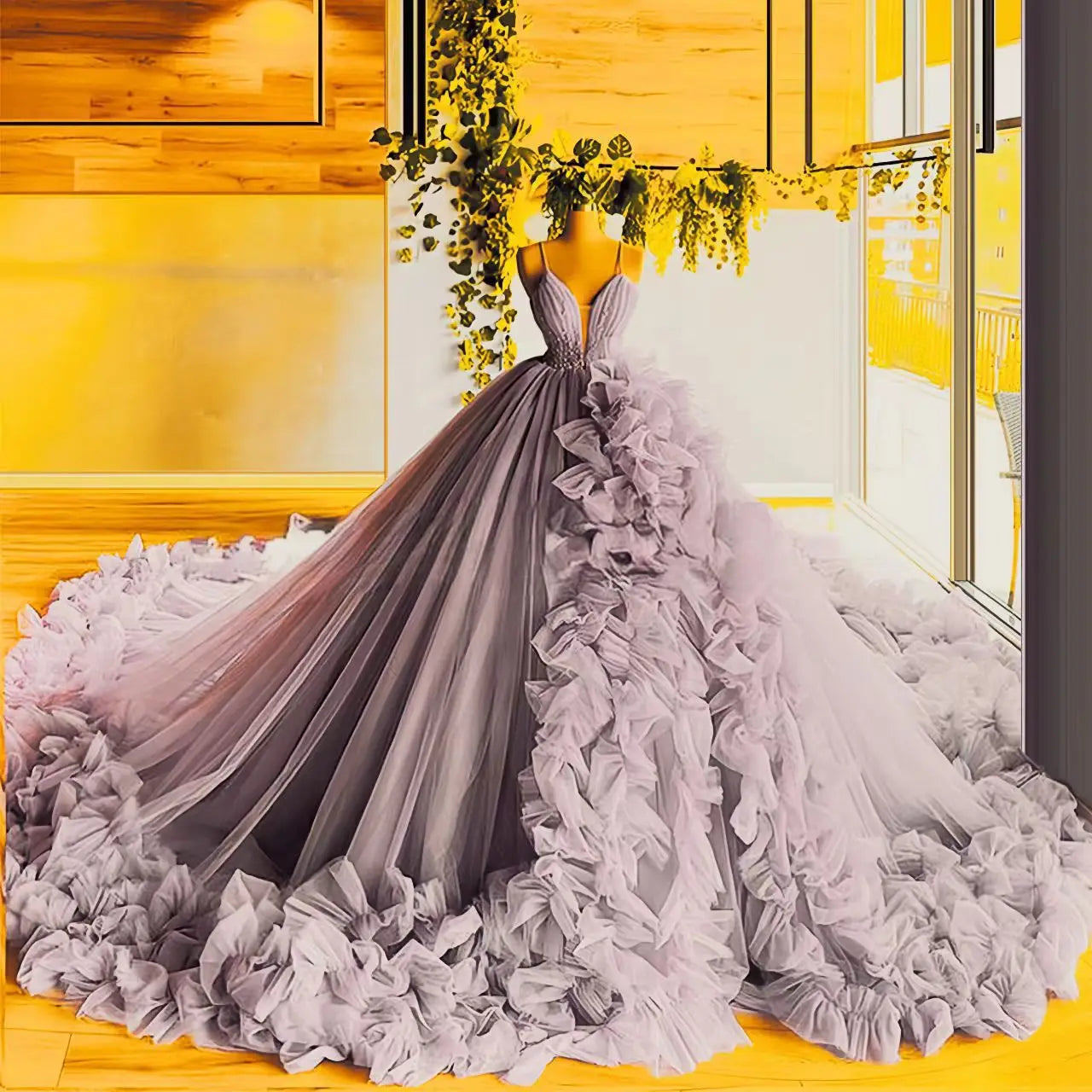Puff Skirt Strapped Deep V-Neck Quinceanera Dress