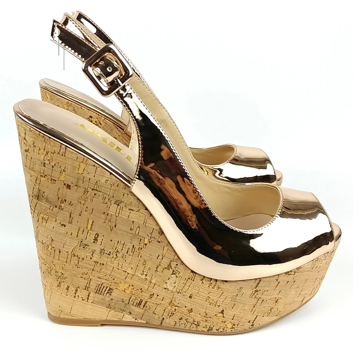 Cork Wedge Sandals Slingback Peep Toe High Heels Platform Shoes Metallic Mirror Leather