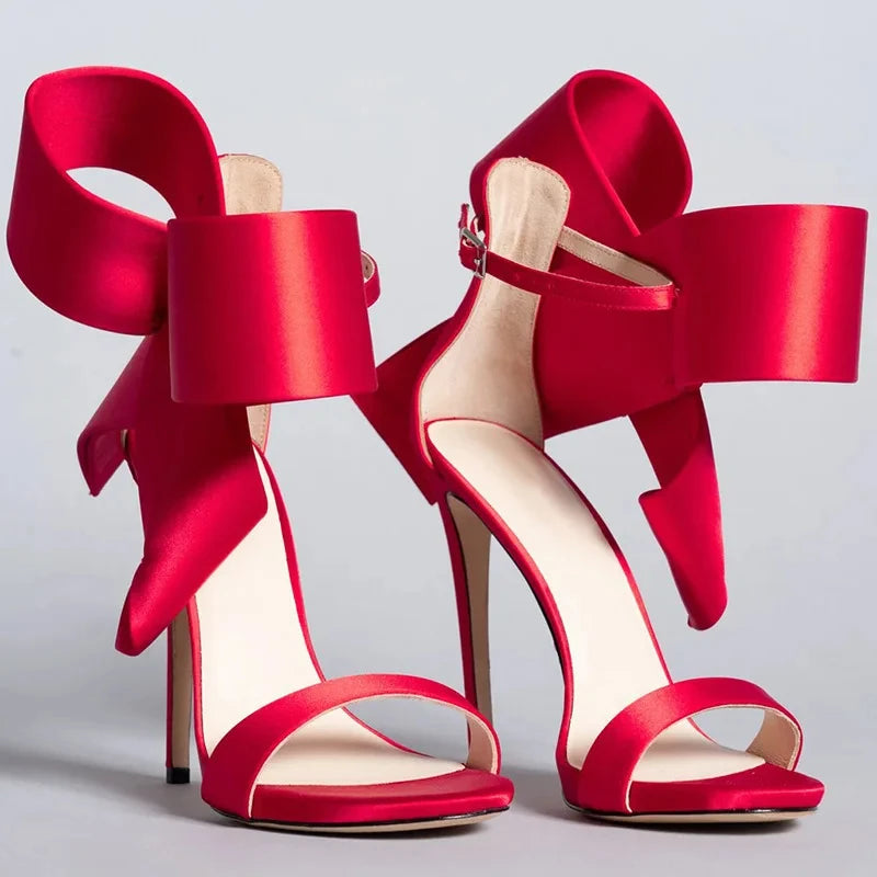 Satin Sandals Peep Toe High Heels Shoes Ladies Wedding Party Dress Heel Ankle Bow Decorated