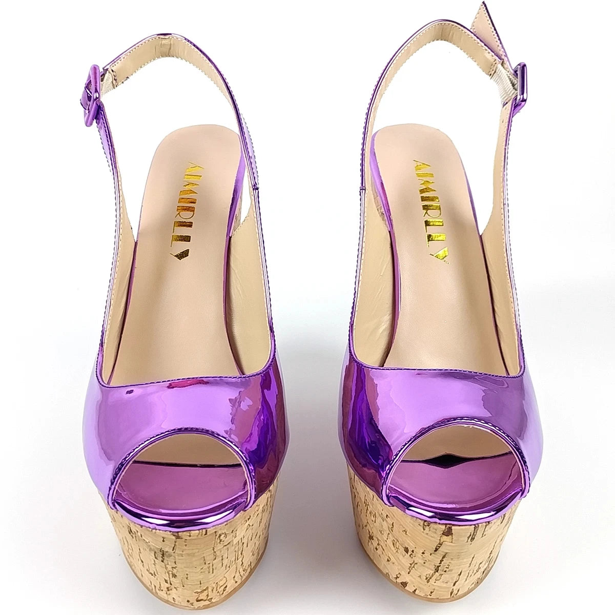 Cork Wedge Sandals Slingback Peep Toe High Heels Platform Shoes Metallic Mirror Leather