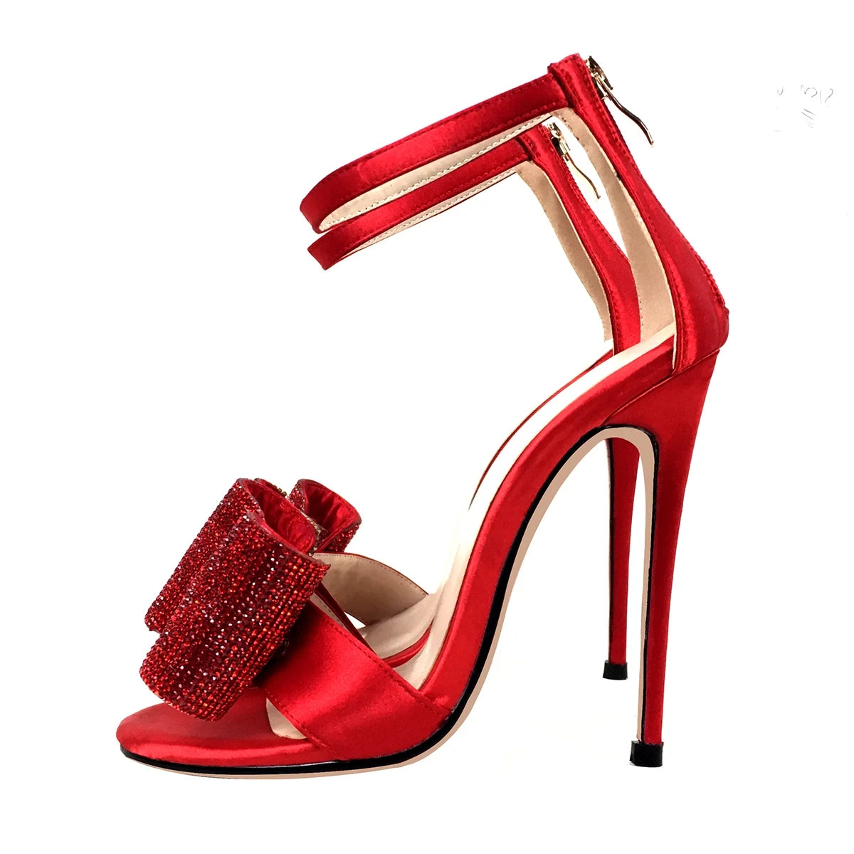 Shoes Peep Toe High Heels Sandals Elegant Stilettos Red Satin Crystal Bow Zipper