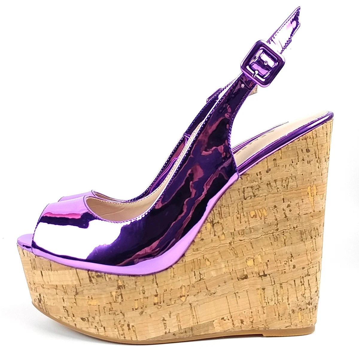 Cork Wedge Sandals Slingback Peep Toe High Heels Platform Shoes Metallic Mirror Leather