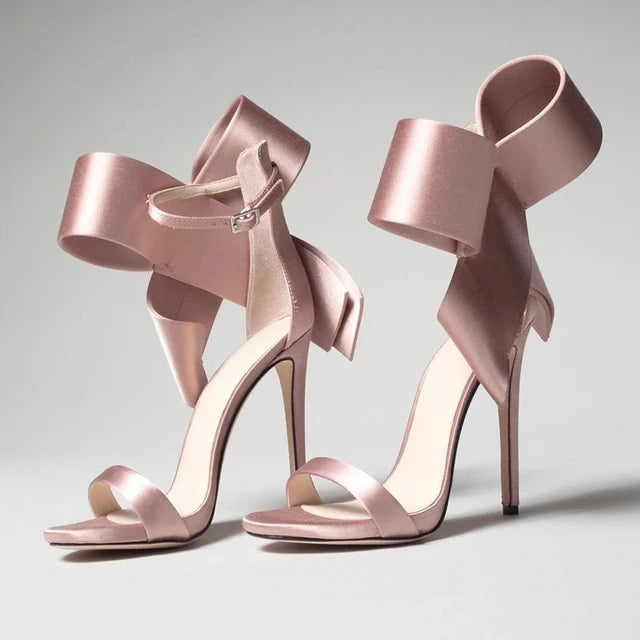 Satin Sandals Peep Toe High Heels Shoes Ladies Wedding Party Dress Heel Ankle Bow Decorated