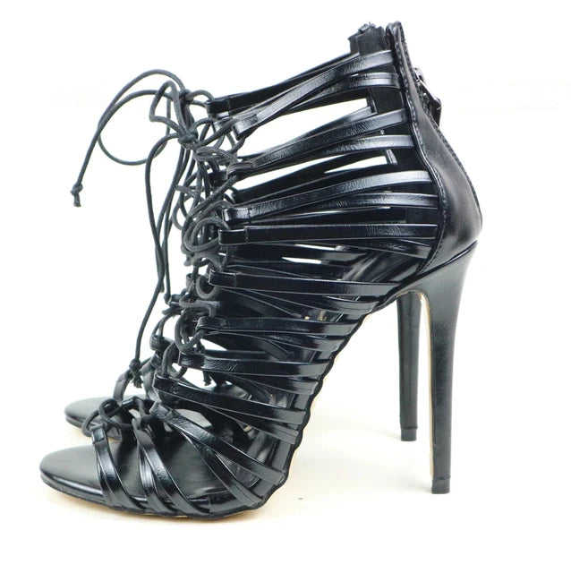 Peep Toe High Heel Sandals Cover Heel Strappy Black Lace Up