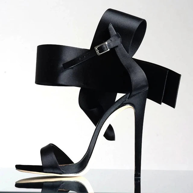 Satin Sandals Peep Toe High Heels Shoes Ladies Wedding Party Dress Heel Ankle Bow Decorated