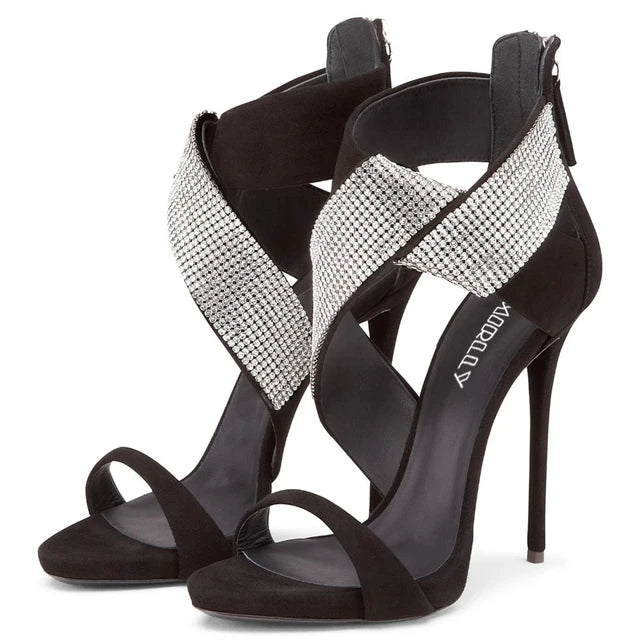 Sandals Peep Toe High Heels Crystal Strap Stilettos Zipper