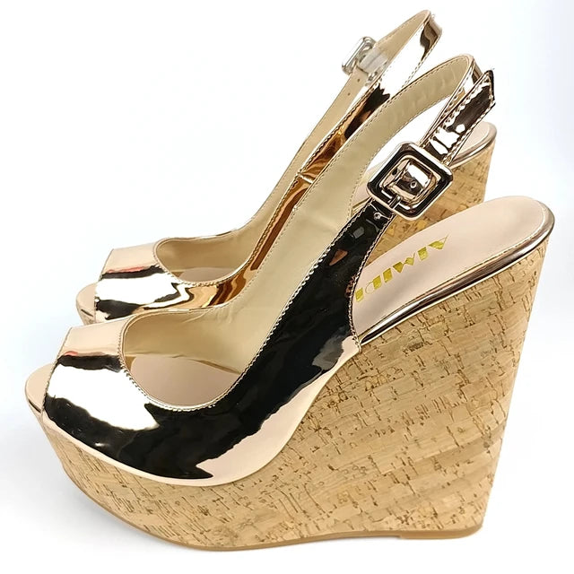 Cork Wedge Sandals Slingback Peep Toe High Heels Platform Shoes Metallic Mirror Leather