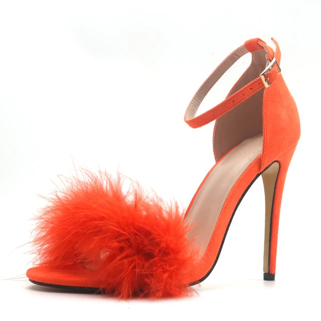 High Heels Sandals Peep Toe Soft Plush Shoes Ankle Strap Cover Heel