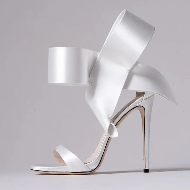 Satin Sandals Peep Toe High Heels Shoes Ladies Wedding Party Dress Heel Ankle Bow Decorated