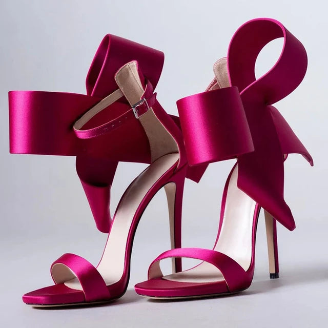 Satin Sandals Peep Toe High Heels Shoes Ladies Wedding Party Dress Heel Ankle Bow Decorated