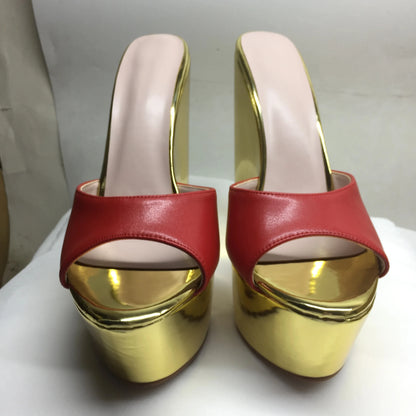 Wedge Sandals Peep Toe High Heels Metallic Mirror Gold Plaltform Slip On