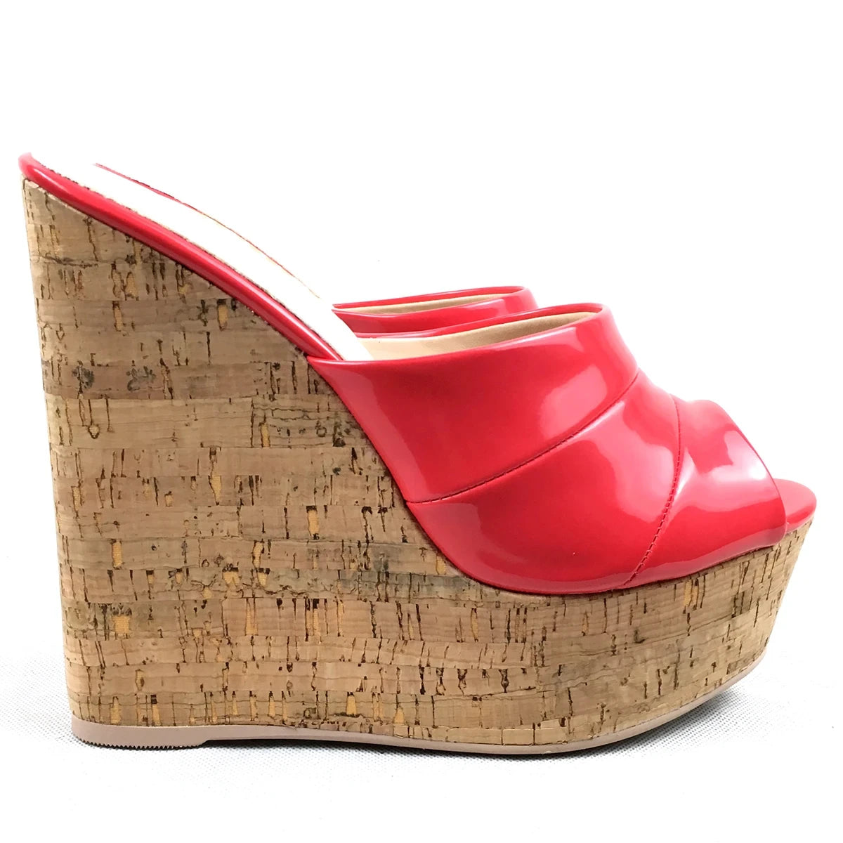 Cork Wedge Sandals Summer High Heels Platform Slip On Mules Patent Leather