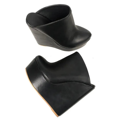 Sandals Round Toe High Heels Platform Matte Black Slip On