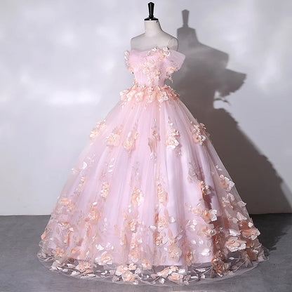 Off The Shoulder Lace Princess Ball Gown with Floral Appliques