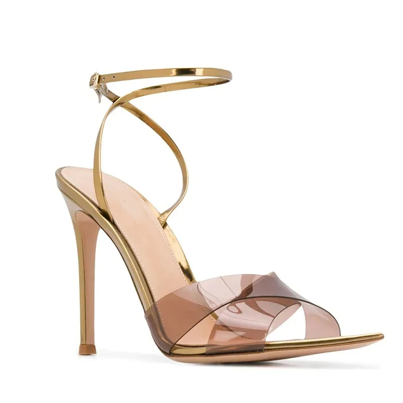 Pointed Sole High Heel Sandals PVC Cross Strap Ankle Buckle