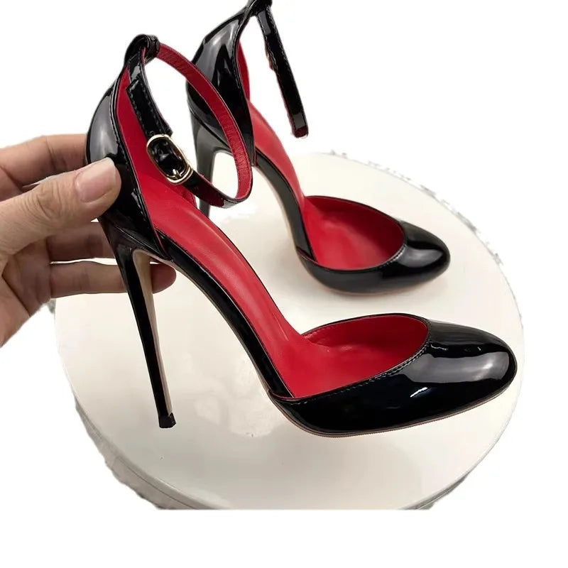 Round Toe High heels Sandals Patent Leather Ankle Strap