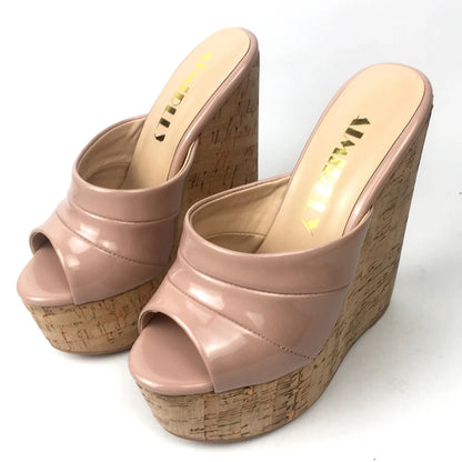 Cork Wedge Sandals Summer High Heels Platform Slip On Mules Patent Leather