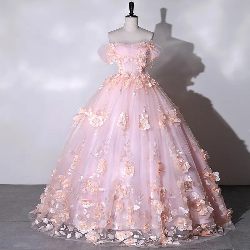 Off The Shoulder Lace Princess Ball Gown with Floral Appliques