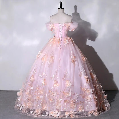 Off The Shoulder Lace Princess Ball Gown with Floral Appliques