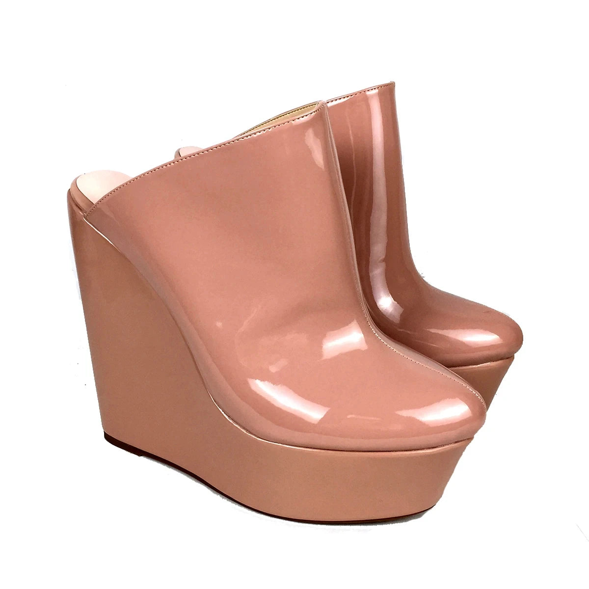 Wedge Sandals Round Toe High Heels Platform Mules Slip On Patent Leather