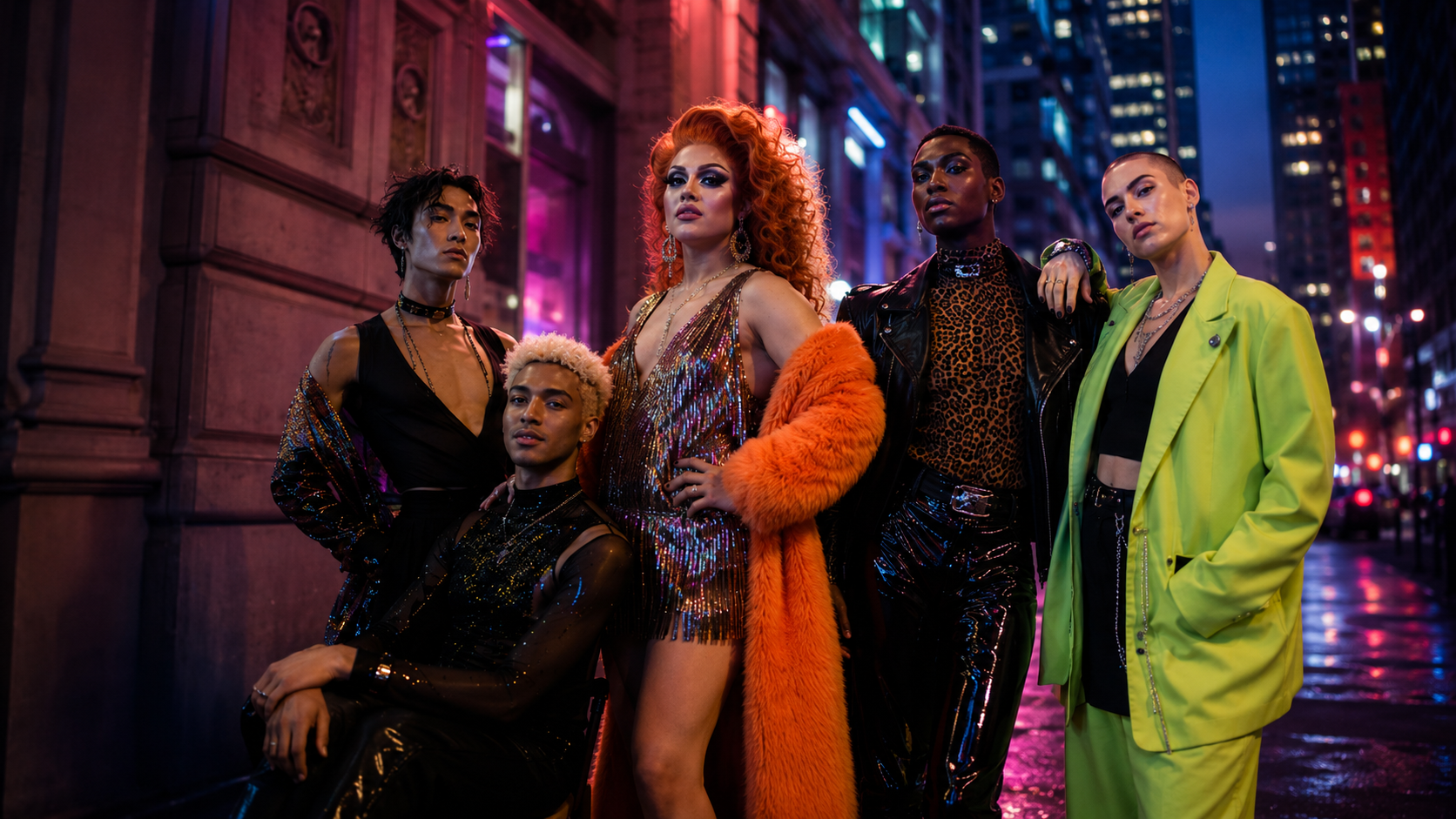 Drag queen and creative performers posing in bold nightlife fashion on a neon-lit city street.