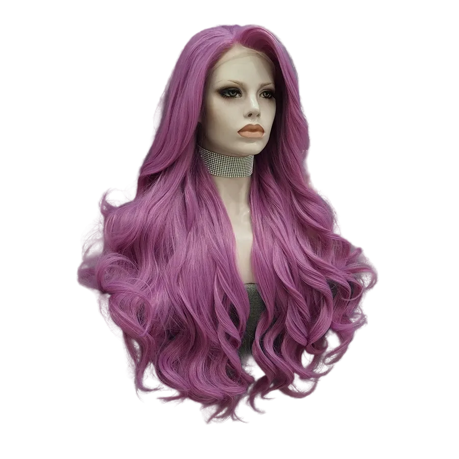 Purple wig on a mannequin head with a dark background and floral decorations.
