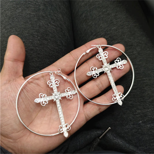 Big Hoop Cross Dangle Stud Earrings