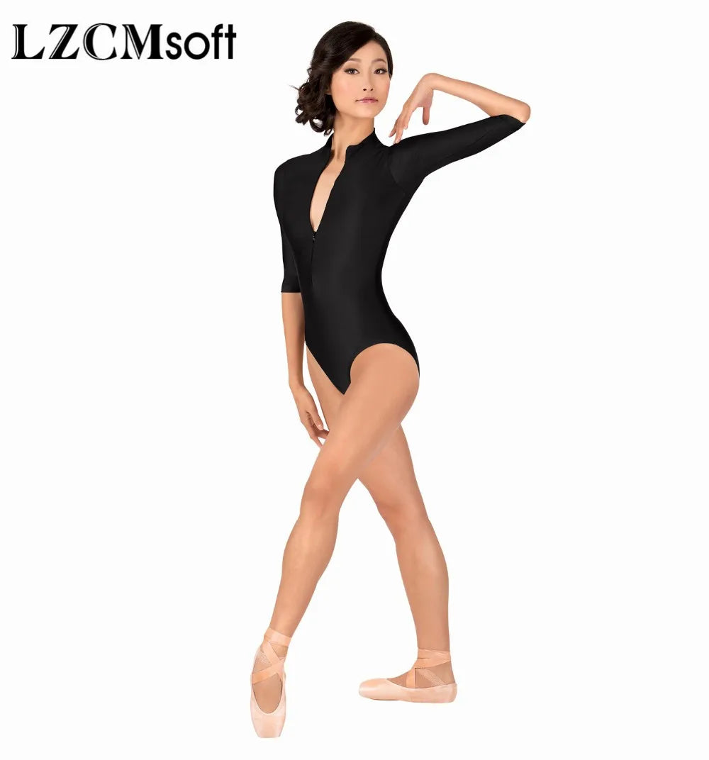 Sky Blue 3/4-Long Sleeve High Neck Leotard with Front Zipper