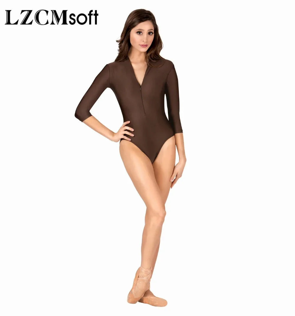 Sky Blue 3/4-Long Sleeve High Neck Leotard with Front Zipper