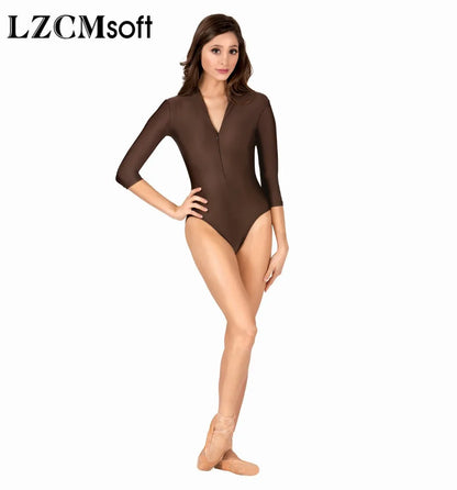 Sky Blue 3/4-Long Sleeve High Neck Leotard with Front Zipper