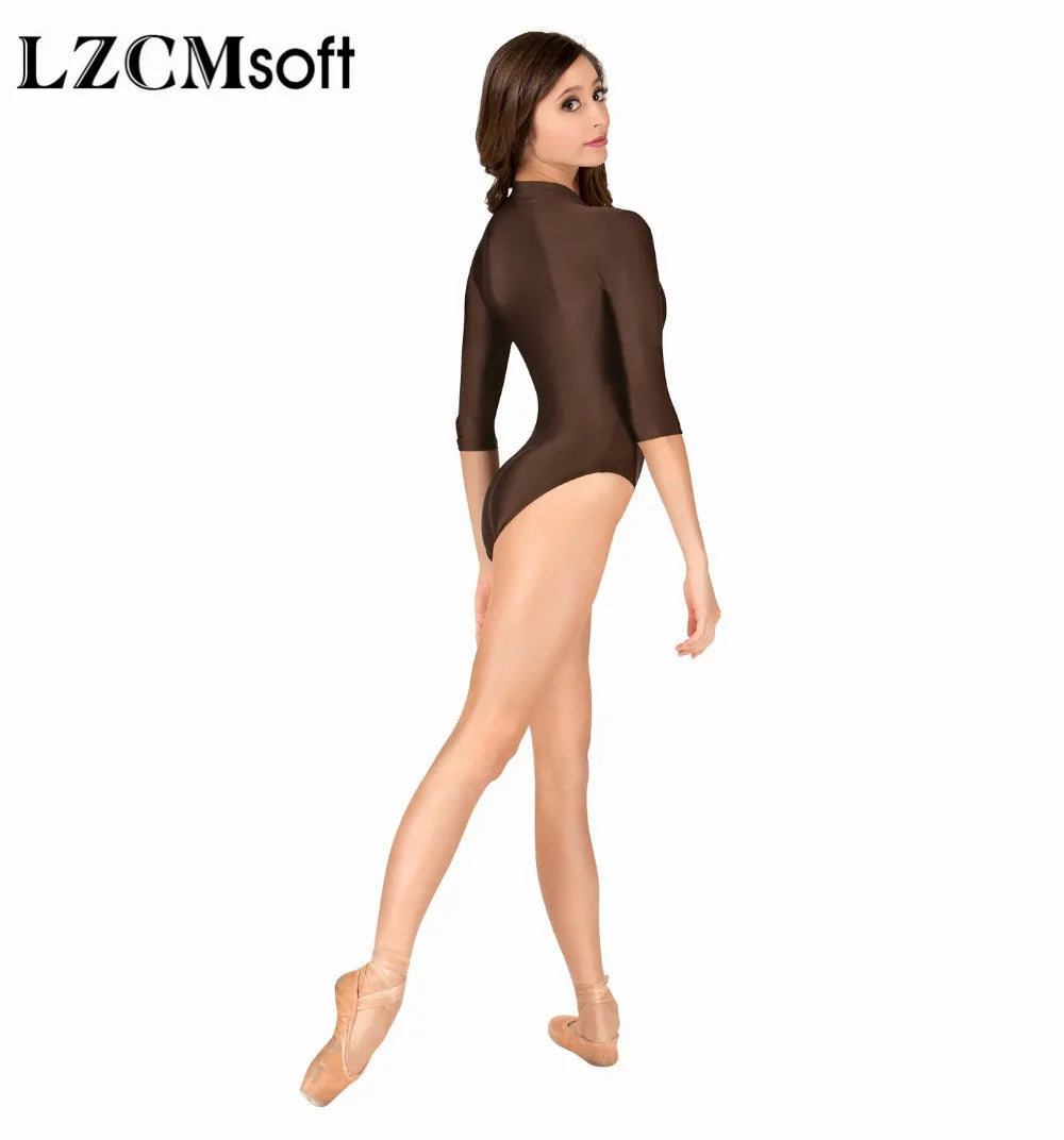 Purple 3/4-Long Sleeve High Neck Leotard with Front Zipper