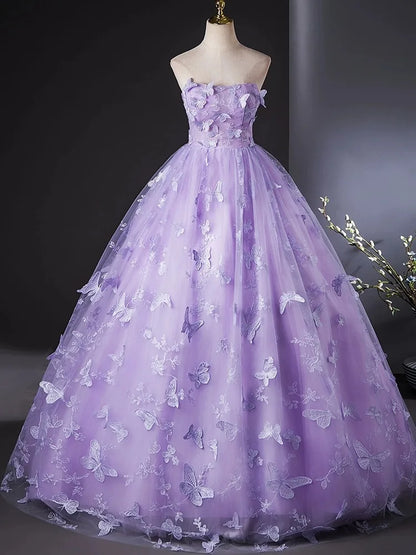 Light Luxury Lace Strapless Quinceanera Dress with Three-Dimensional Butterfly Appliques