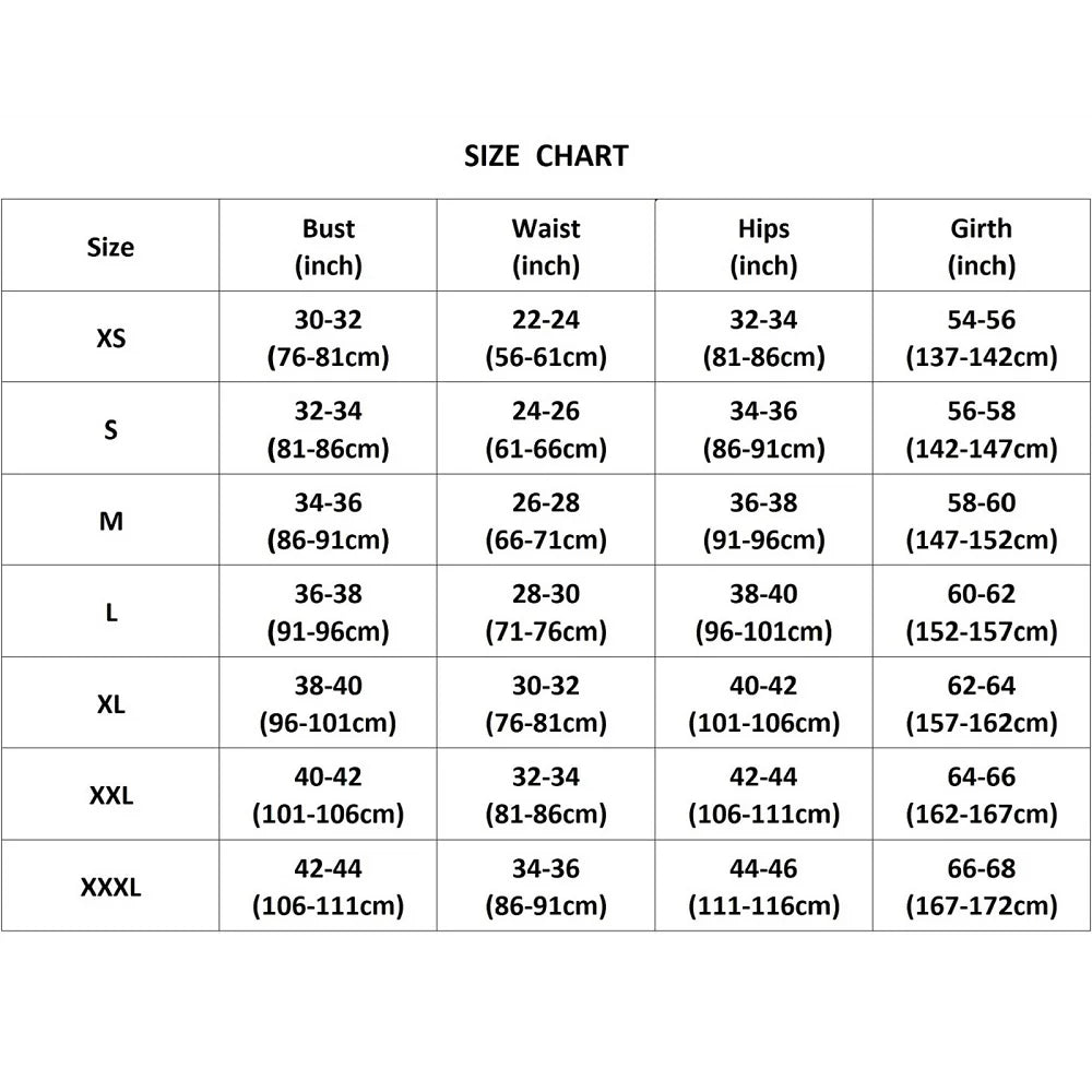 Size chart for leotard measurements in inches and cm