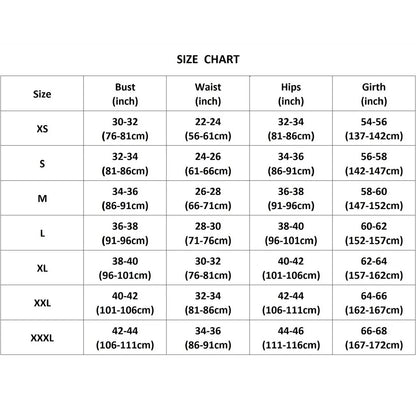 Size chart for leotard measurements in inches