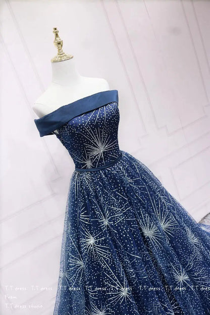 Classic Off-The-Shoulder Sequined Dark Blue Tulle Quinceanera Dress