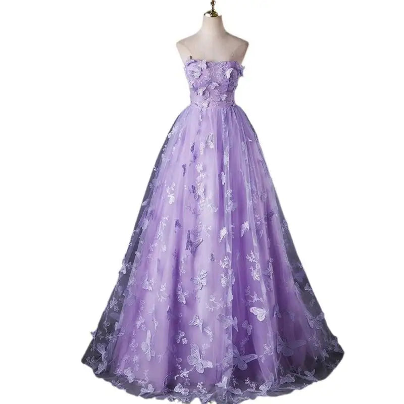 Light Luxury Lace Strapless Quinceanera Dress with Three-Dimensional Butterfly Appliques