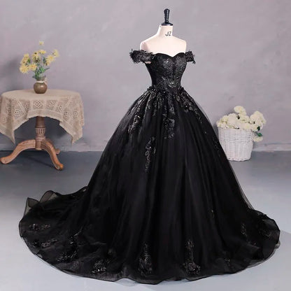 Black Tulle Off-The-Shoulder Floor-length Ball Gown Quinceanera Dress
