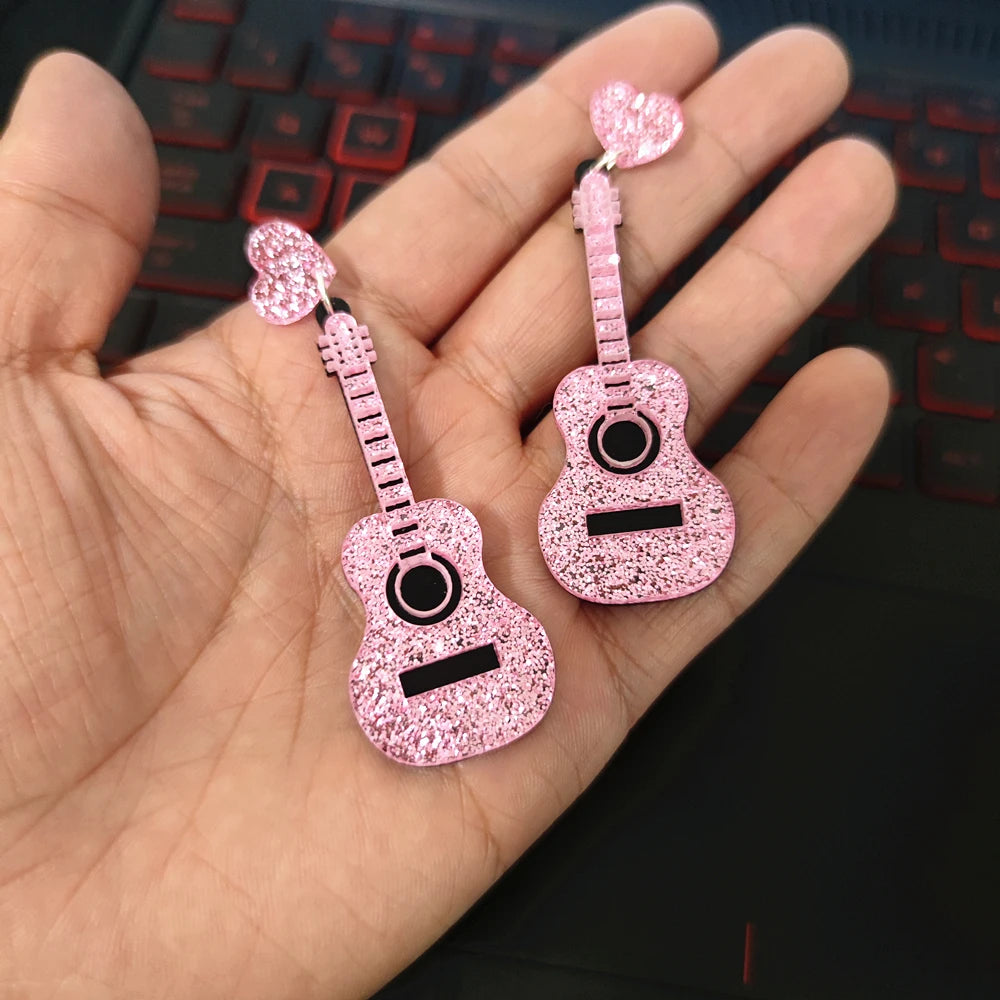 Pink Guitar Dangle Stud Earrings